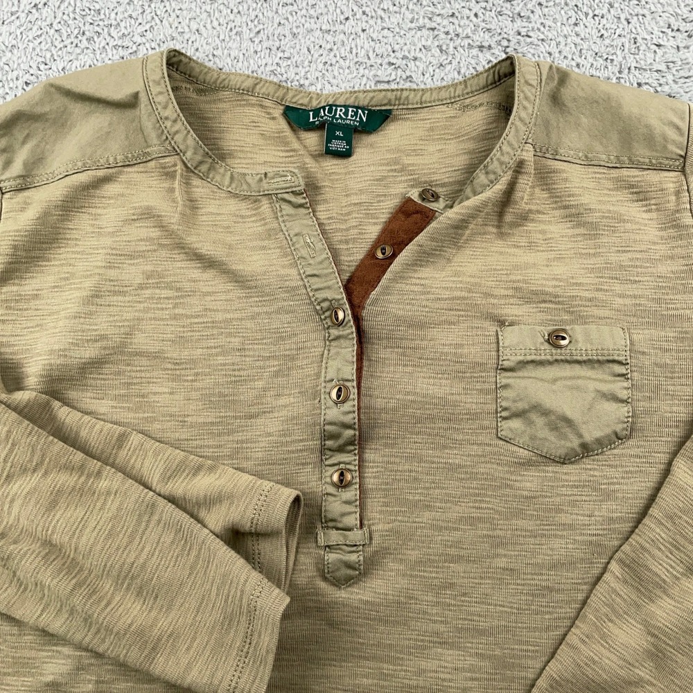Lauren Ralph Lauren Shirt Womens XL Green Henley 3/4 Sleeve Cotton Slub Knit